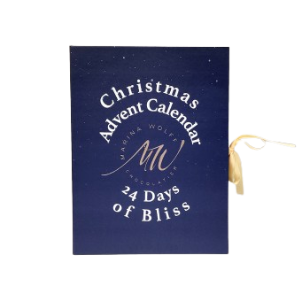 A blue box showcasing the phrase "Christmas Advent Calendar 24 Days of Bliss" in a festive font.