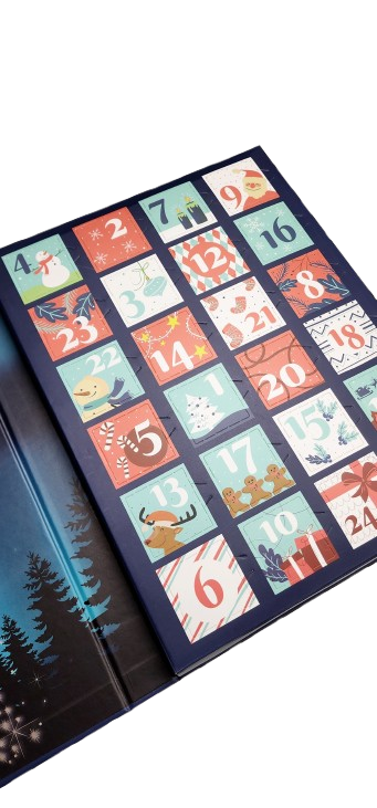 An open advent calendar with numbered flaps from 1 to 24, each decorated with festive holiday illustrations.