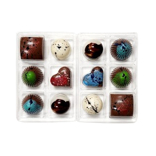 Assorted chocolate candies in a grid on a white background