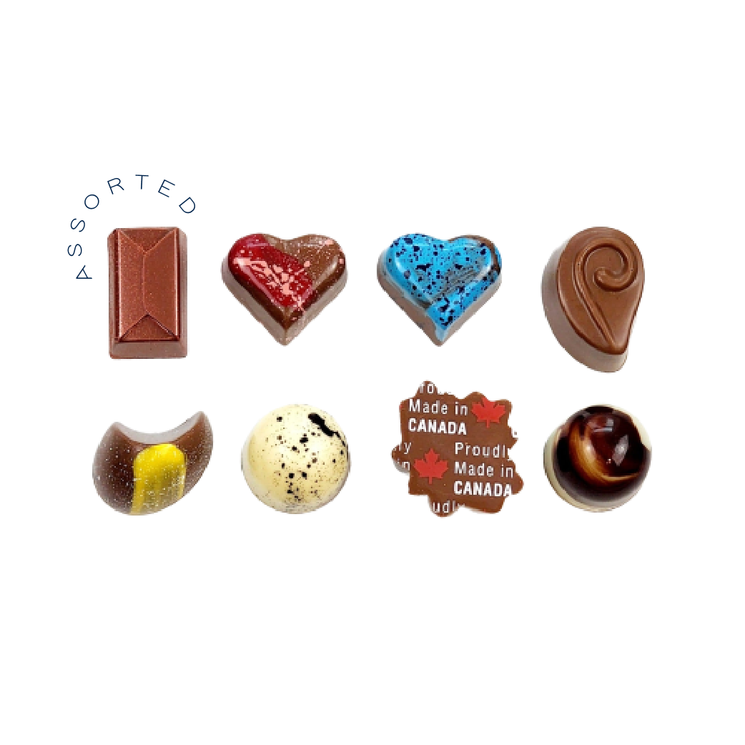 8 pieces of chocolate bonbons in different colours and decorations that say 'assorted' on top of them.
