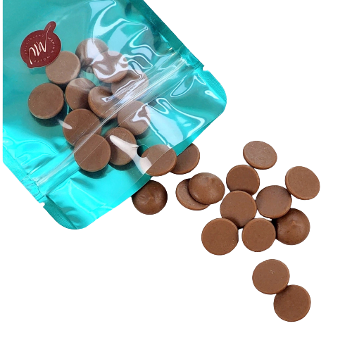Cyan pouch with chocolate callets coming out of it.