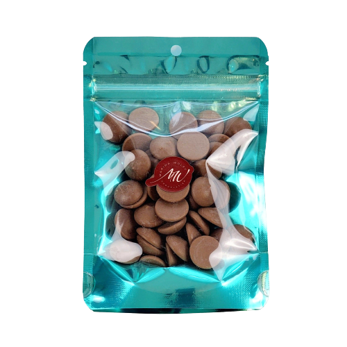 Cyan stand-up pouch with chocolate callets in it.