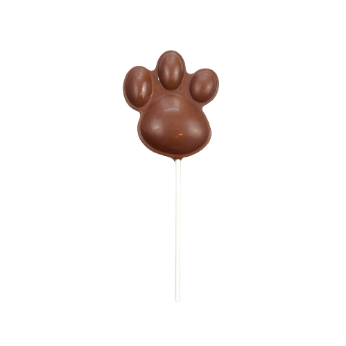 Paw-shaped milk chocolate lollipop in a white stick