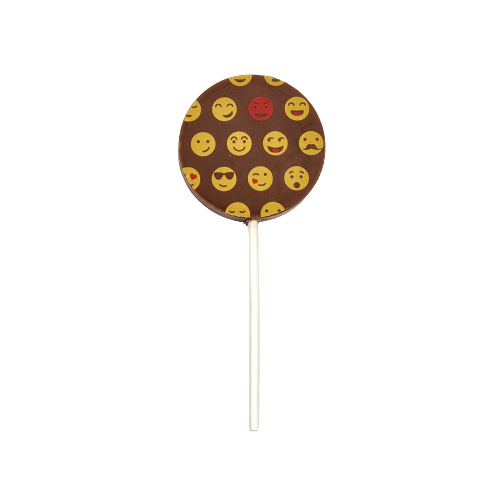 Round-shaped milk chocolate lollipop with emoji decoration on a white stick